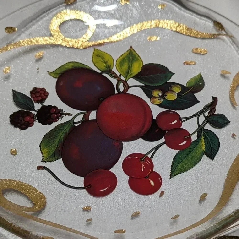 Set of 3 Clear Glass Plates with Fruit Decoration Gold
